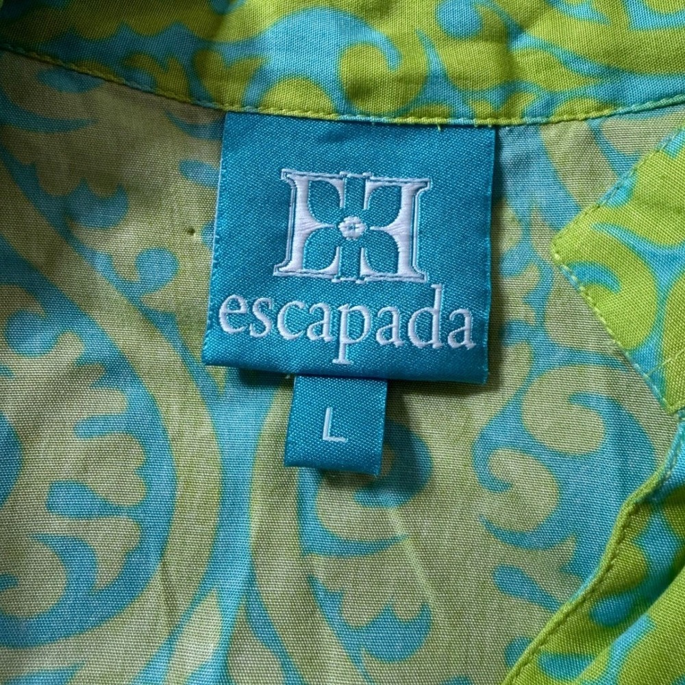 Escapada Womens Tunic Top L Lime Green Turquoise Blue Damask 3/4 Sleeve V-Neck - Picture 3 of 11